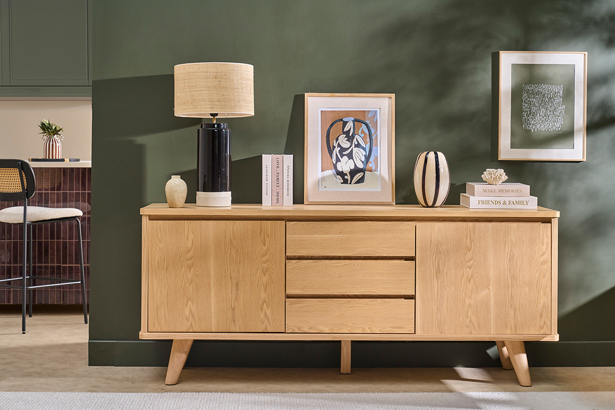 Credenza scandinava in legno chiaro di frassino 2 ante 3 cassetti L180 cm FIFTIES