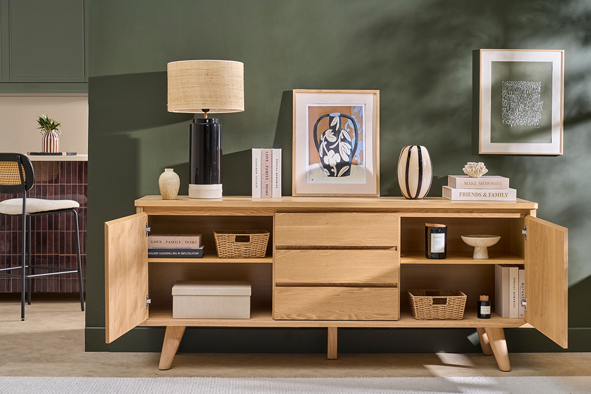 Credenza scandinava in legno chiaro di frassino 2 ante 3 cassetti L180 cm FIFTIES