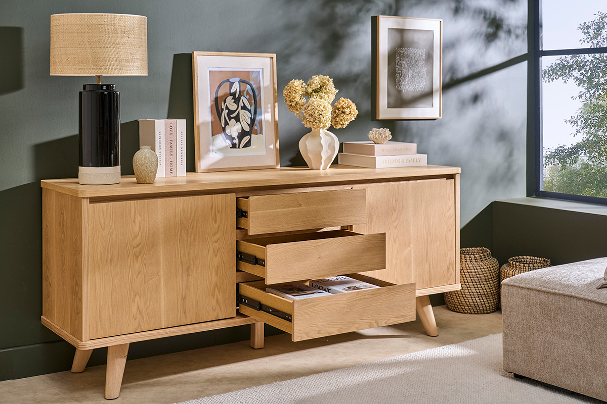 Credenza scandinava in legno chiaro di frassino 2 ante 3 cassetti L180 cm FIFTIES