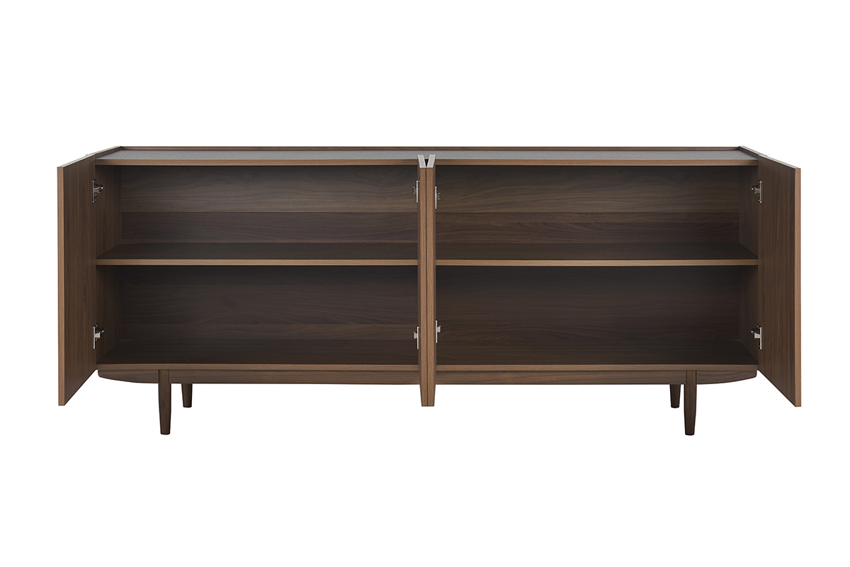 Buffet vintage finitura legno scuro noce con 4 porte aperte, vista frontale con scaffali.