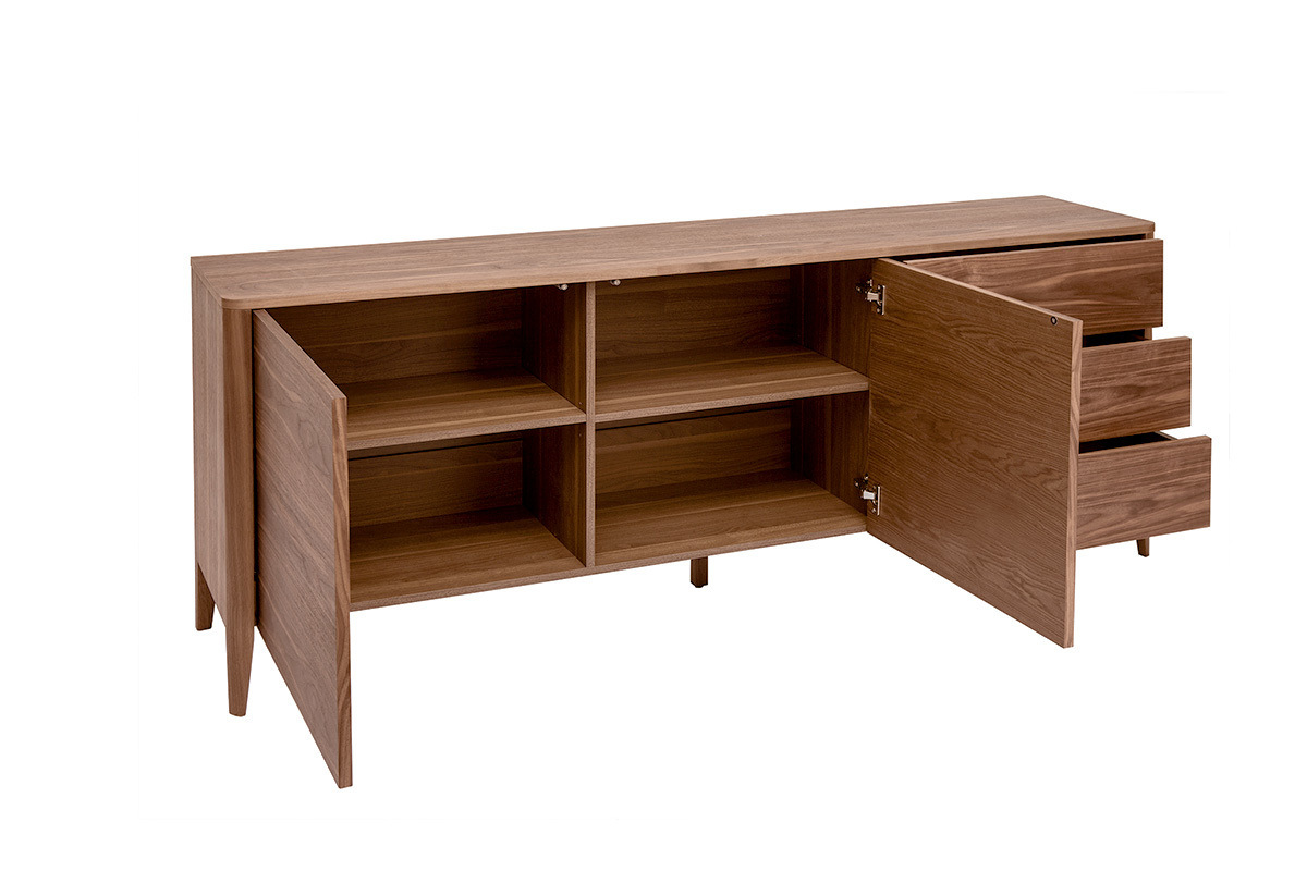 Buffet in noce scuro con due porte aperte e tre cassetti aperti, vista laterale.