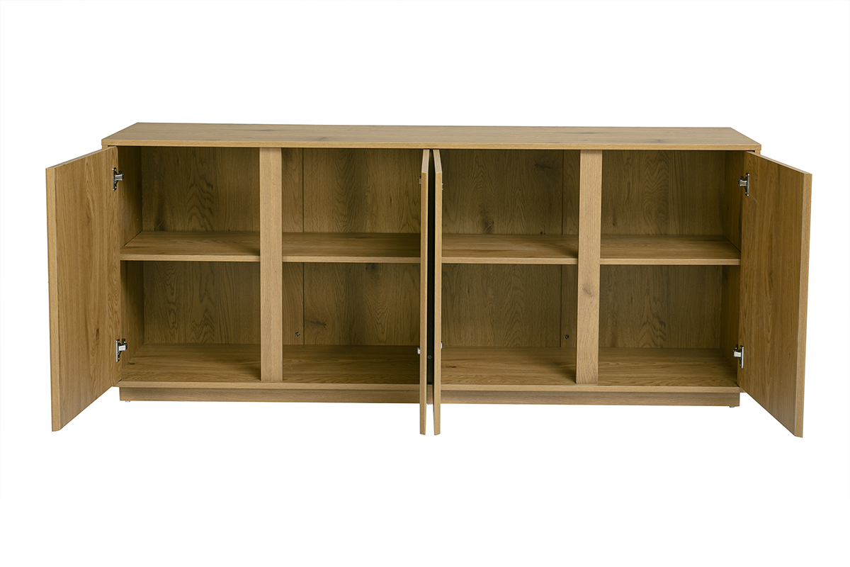 Credenza vintage in legno di quercia, vista frontale con 4 ante aperte e ripiani interni.