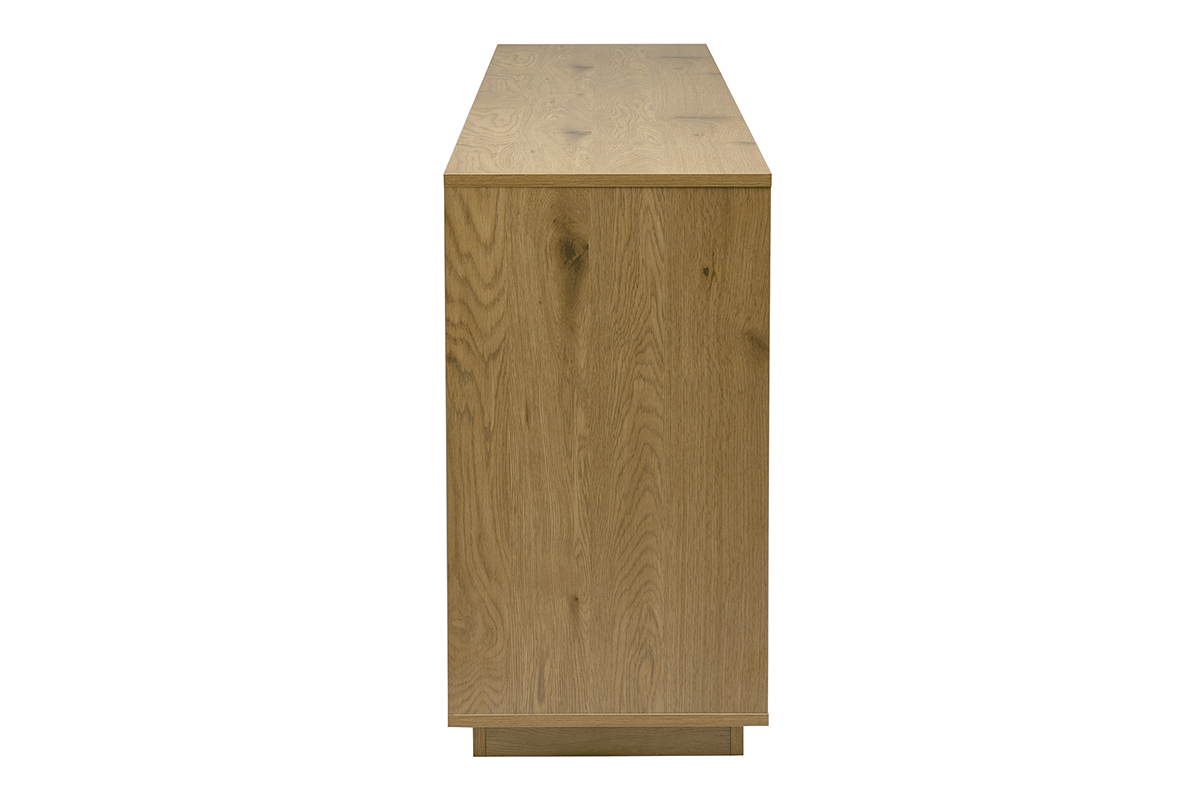Buffet vintage in legno di quercia, vista laterale, dimensioni L180 cm, ampio spazio di stoccaggio.