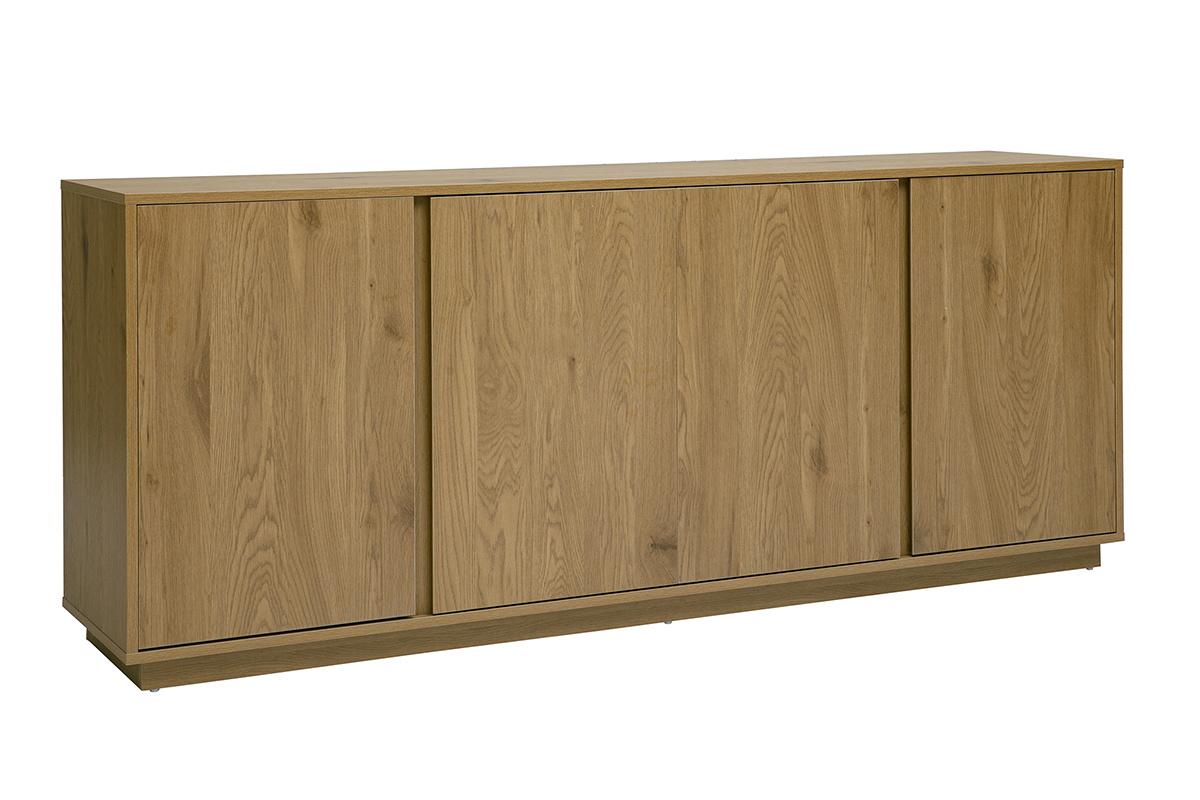 Credenza vintage in legno di quercia, 4 porte, vista a 3/4, dimensioni L180 cm.