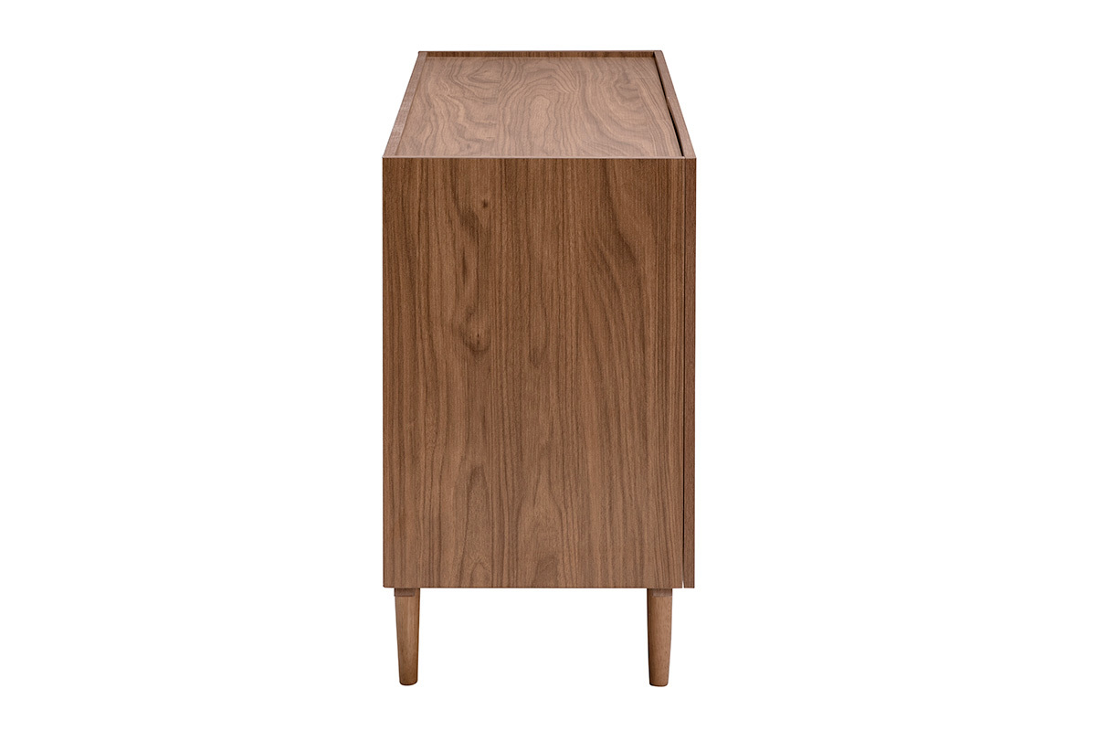 Credenza vintage in legno di noce scuro, vista di profilo, con piedini cilindrici in hevea.
