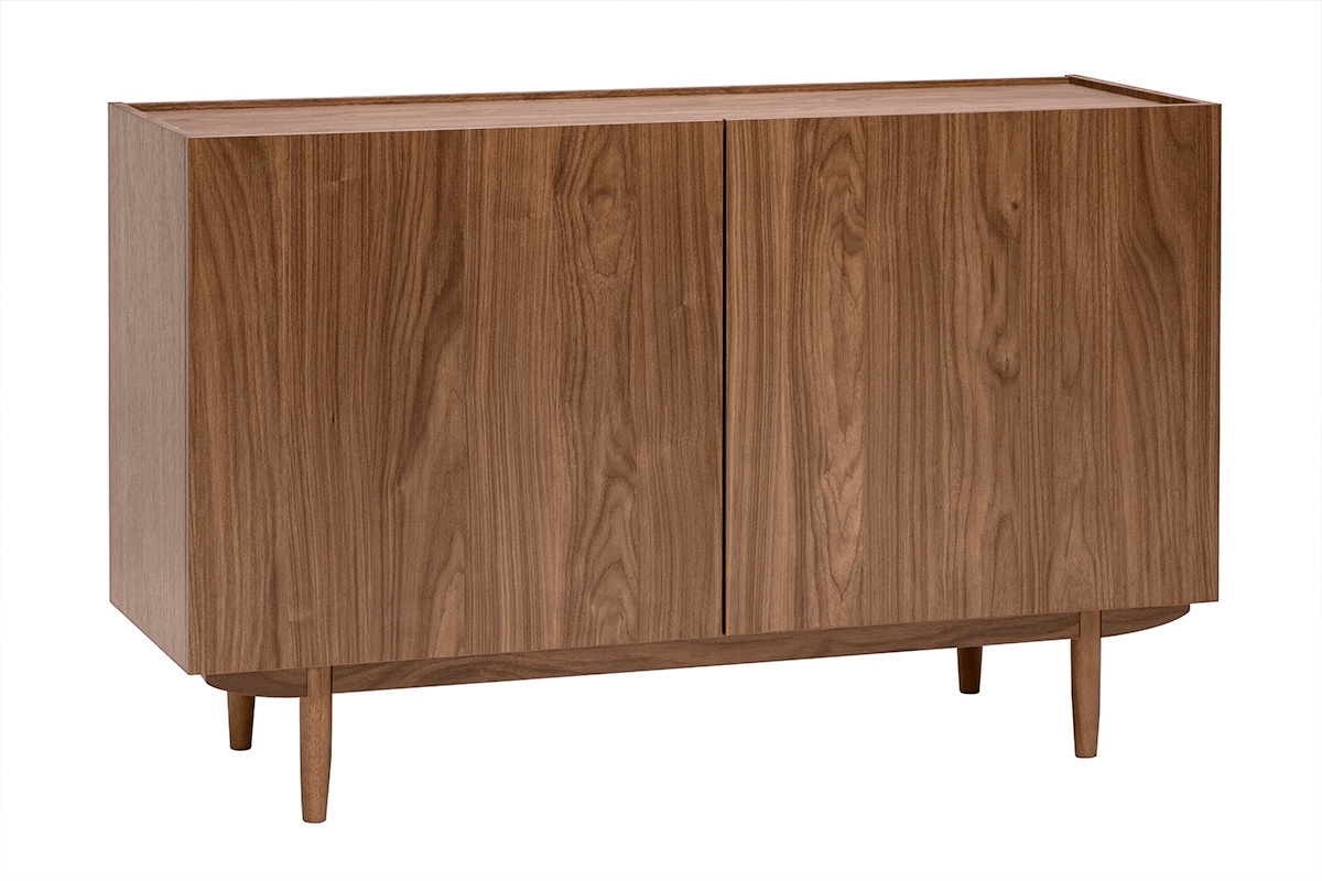 Credenza vintage in legno di noce scuro, 2 ante, vista a 3/4, piedini cilindrici in legno di hevea.