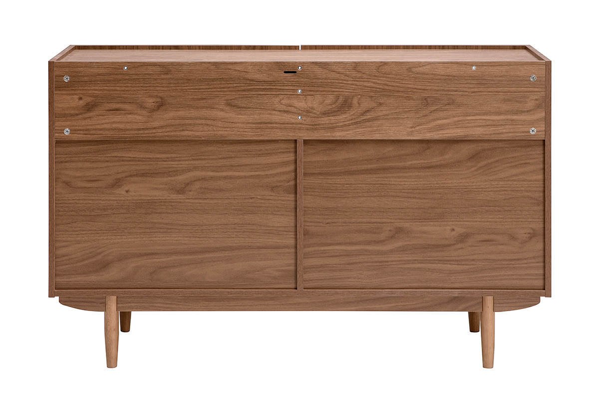 Credenza vintage in legno scuro noce, 2 ante, vista posteriore, piedini cilindrici rastremati.