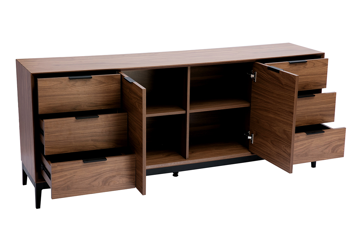 Credenza vintage finitura legno scuro noce e metallo nero con scomparti L180 cm SARTO