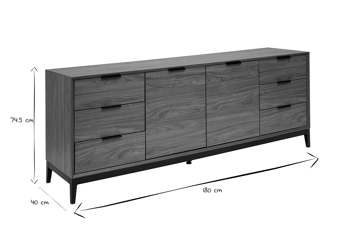 Credenza vintage finitura legno scuro noce e metallo nero con scomparti L180 cm SARTO
