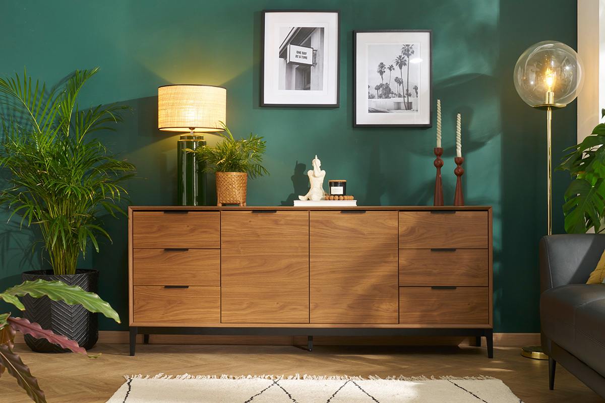 Credenza vintage finitura legno scuro noce e metallo nero con scomparti L180 cm SARTO