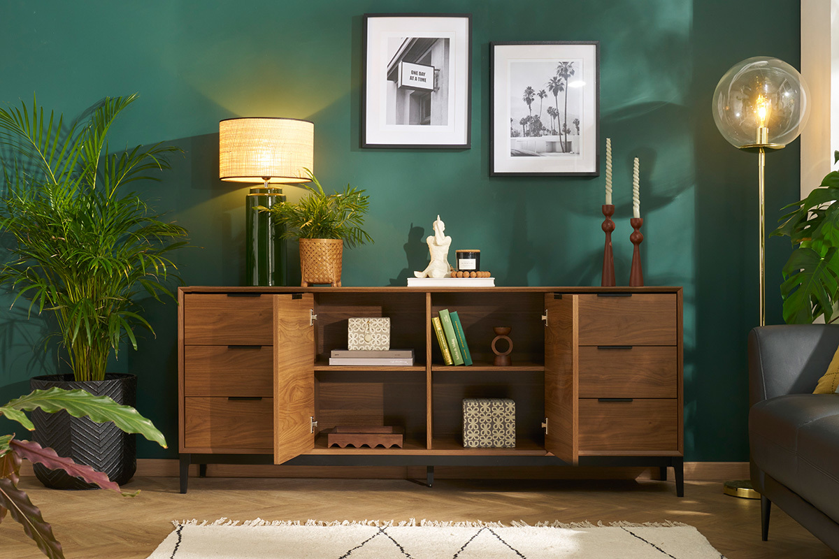 Credenza vintage finitura legno scuro noce e metallo nero con scomparti L180 cm SARTO