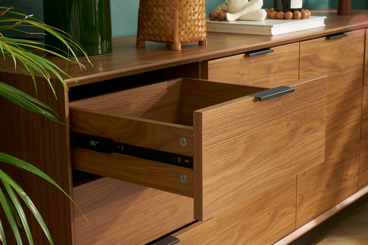 Credenza vintage finitura legno scuro noce e metallo nero con scomparti L180 cm SARTO