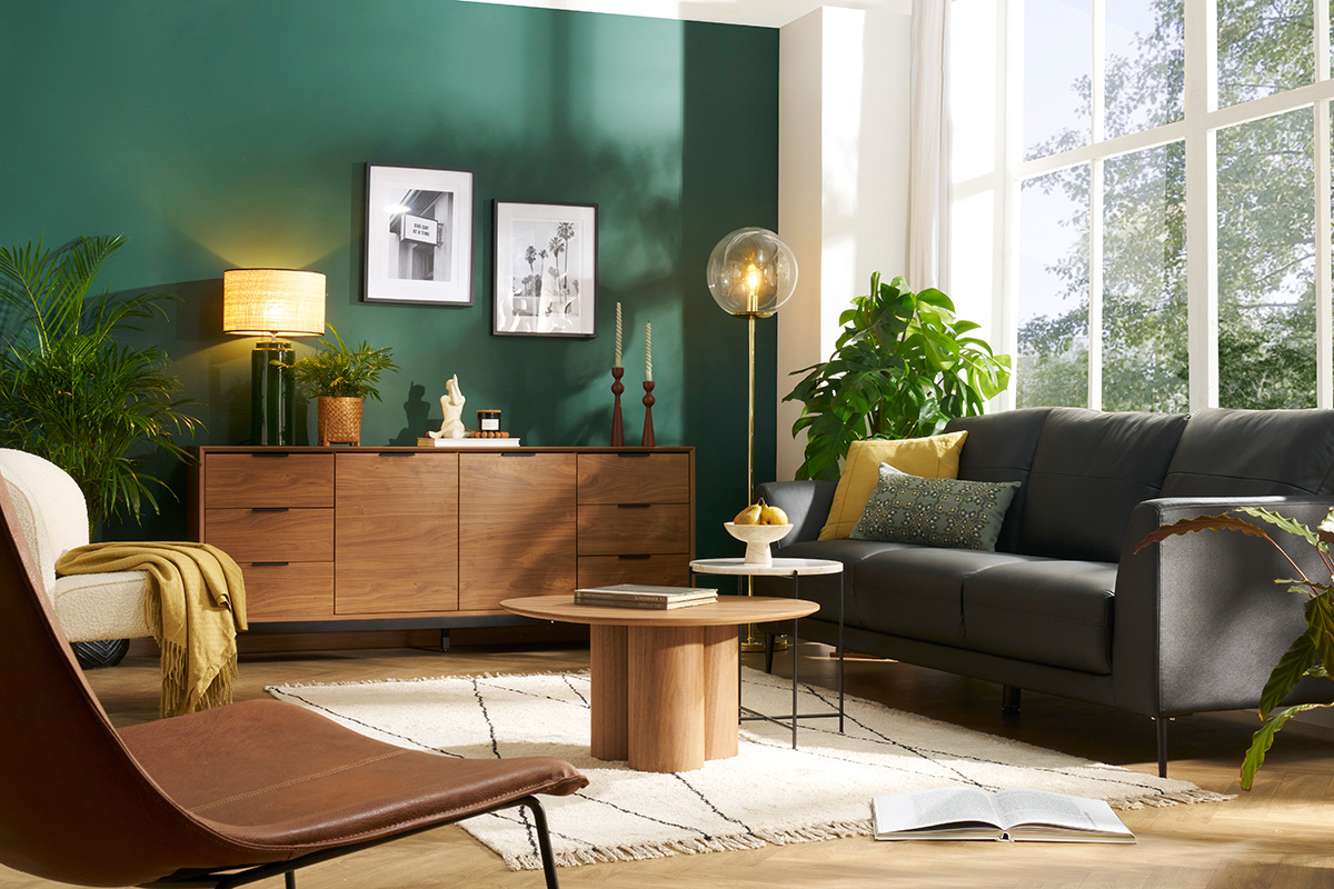 Credenza vintage finitura legno scuro noce e metallo nero con scomparti L180 cm SARTO