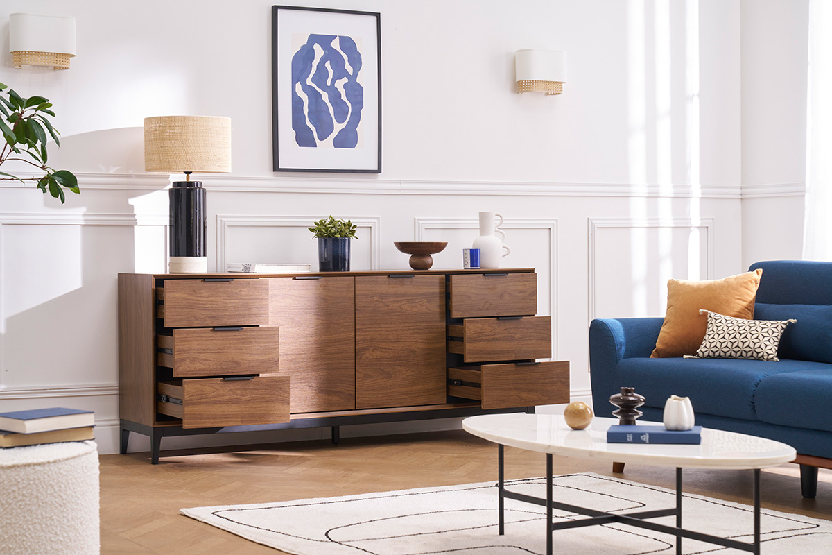 Credenza vintage finitura legno scuro noce e metallo nero con scomparti L180 cm SARTO