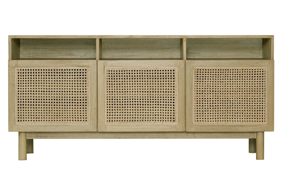 Credenza vintage in legno chiaro e paglia di Vienna rattan L160 cm GALINA