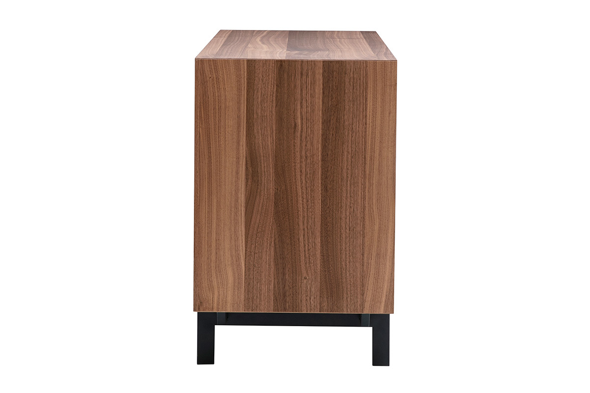 Credenza vintage in legno scuro noce, vista laterale, con base metallica nera.