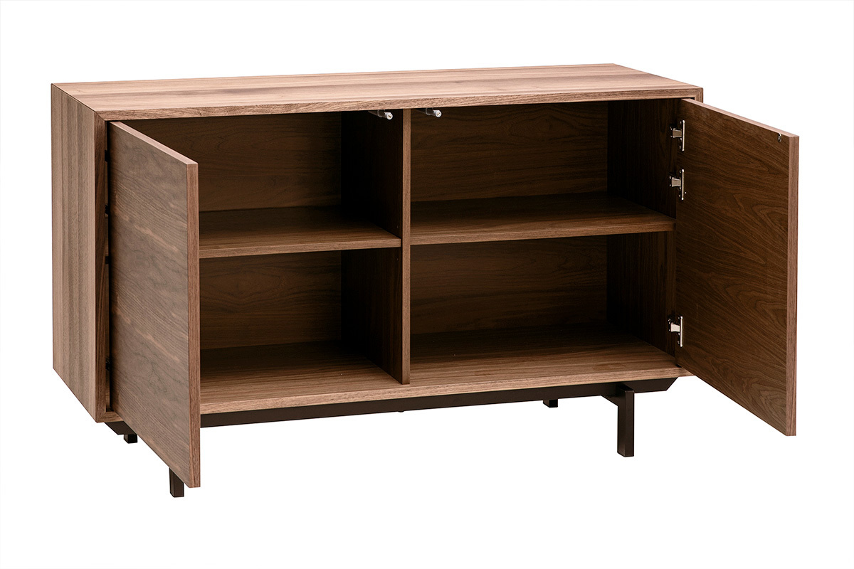 Credenza vintage in legno di noce scuro a 2 ante aperte con ripiani interni, vista a 3/4
