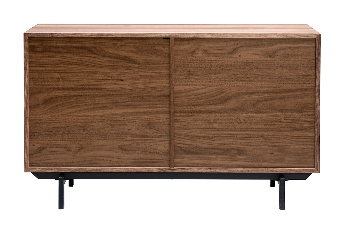 Buffet vintage in legno scuro noce a 2 ante, vista posteriore, L120 cm, struttura metallica nera.