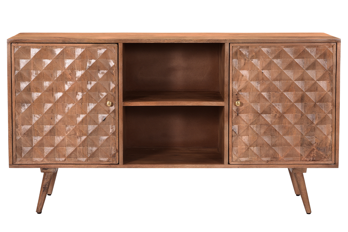 Credenza vintage in massello di mango con ante intagliate motivo punta di diamante L140 cm HIRA