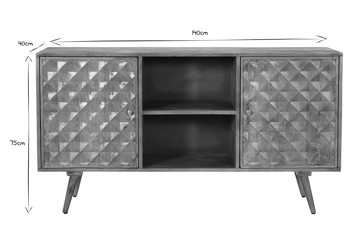 Credenza vintage in massello di mango con ante intagliate motivo punta di diamante L140 cm HIRA