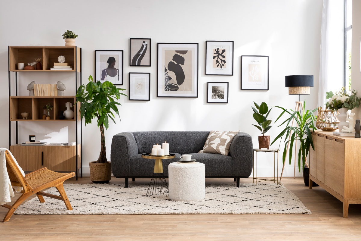 Divano 2-3 posti scandinavo effetto lana boucl grigio antracite e nero MORRIS
