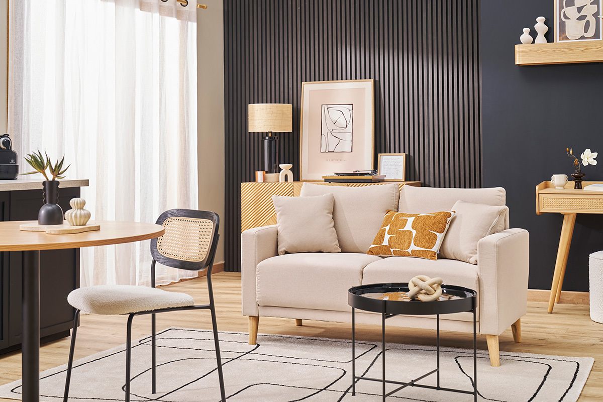 Divano 2 posti in tessuto beige e legno chiaro MUNIK