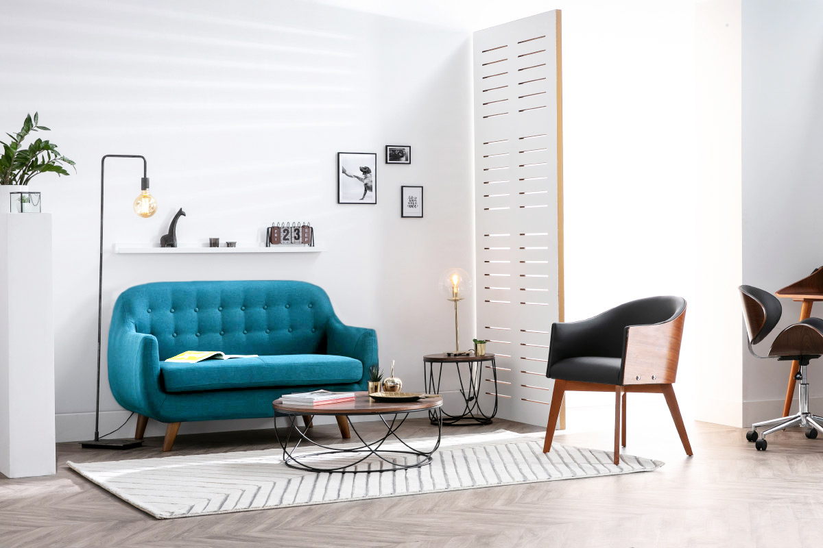 Divano 2 posti scandinavo sfoderabile blu anatra e legno YNOK
