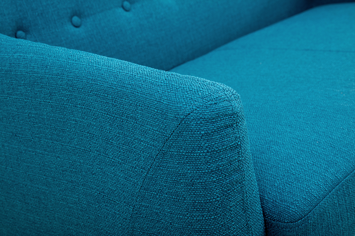 Divano 2 posti scandinavo sfoderabile blu anatra e legno YNOK