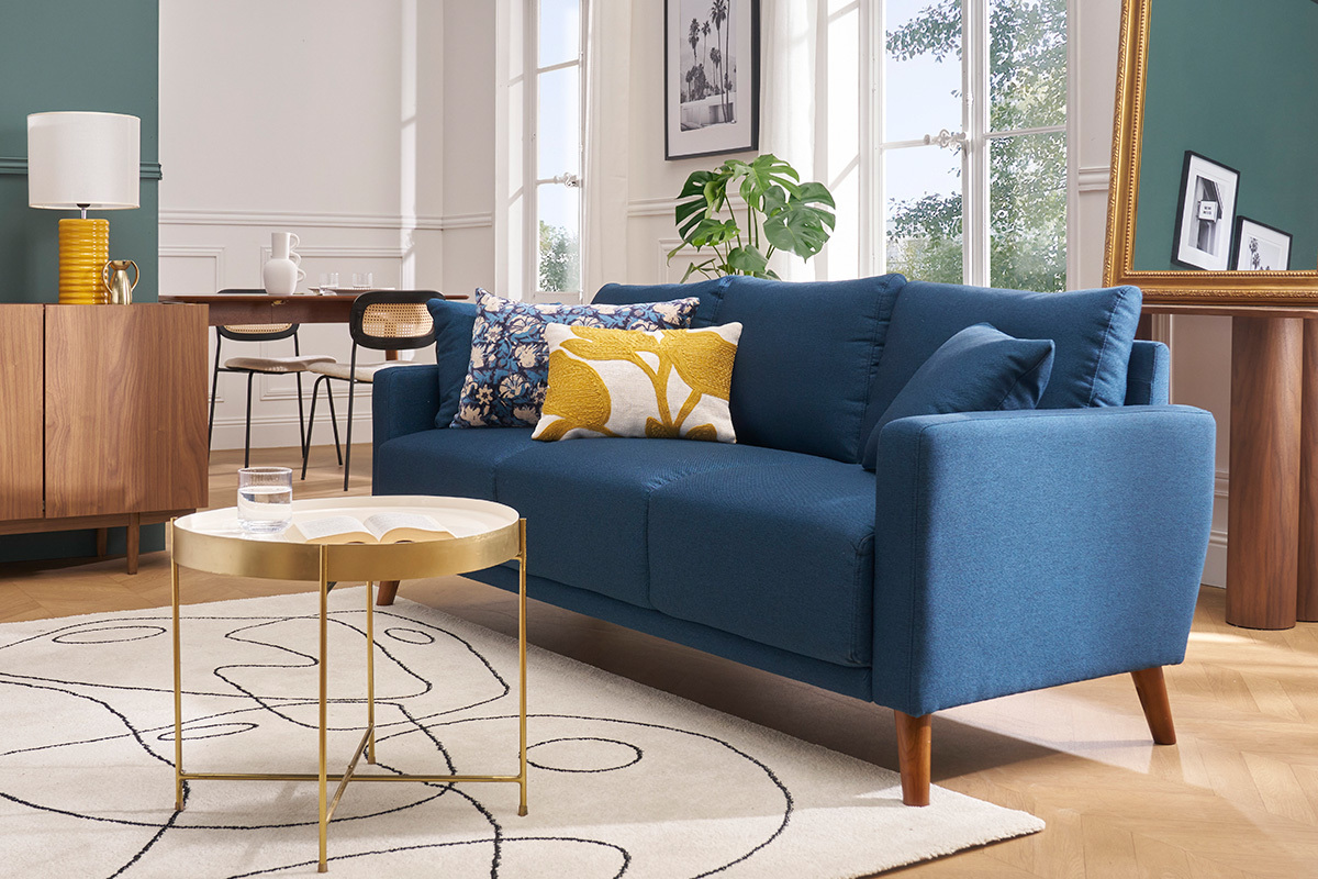 Divano 3-4 posti in tessuto blu scuro e legno scuro MUNIK
