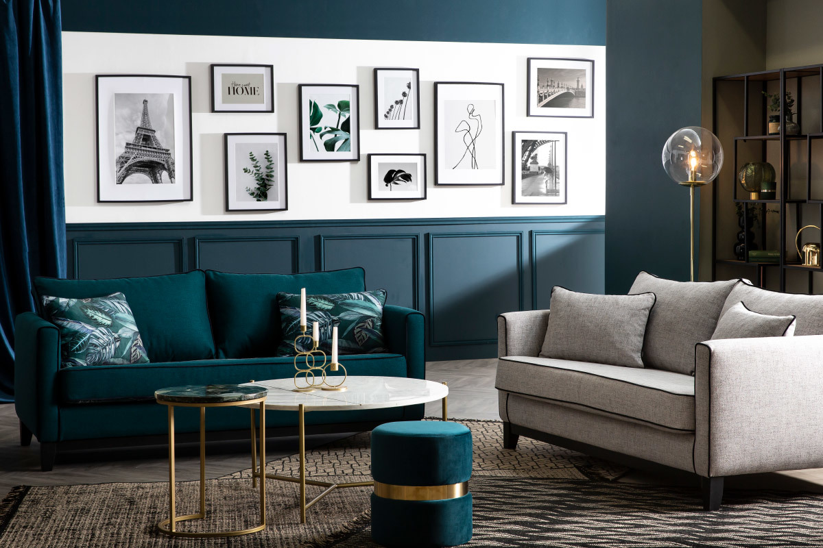 Divano 3 posti design blu pavone e velluto nero HARRISON