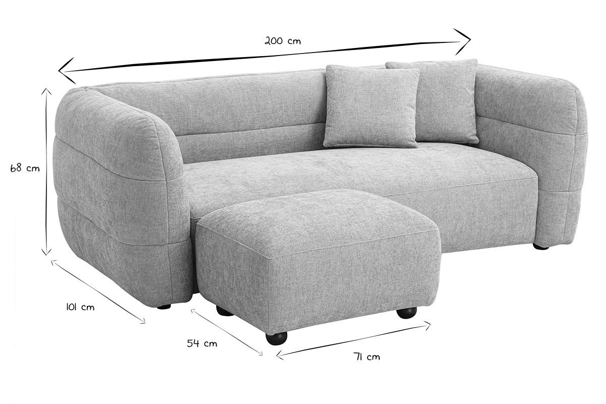 Dimensioni del divano a 3 posti e pouf in bianco e nero, 200x101x68 cm per il divano.