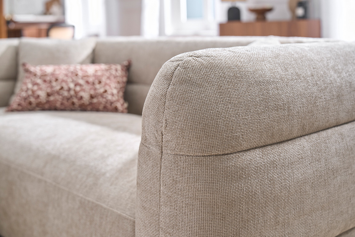 Divano 3 posti e poggiapiedi in tessuto effetto velluto testurato beige JOYA