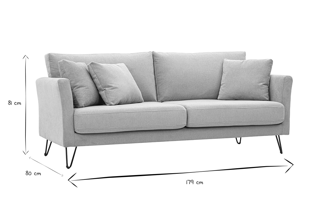 Dimensioni del divano a 3 posti OSLO in bianco e nero: L179 x P80 x H81 cm.