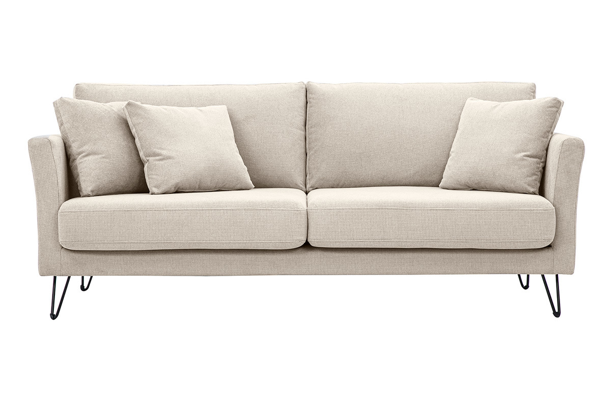 Divano a 3 posti in tessuto ciniglia beige con tre cuscini, vista frontale