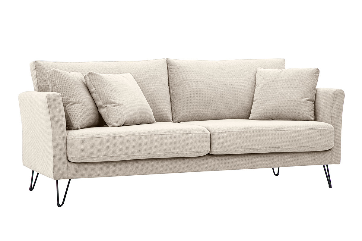 Divano a 3 posti in tessuto ciniglia beige con cuscini, vista a 3/4