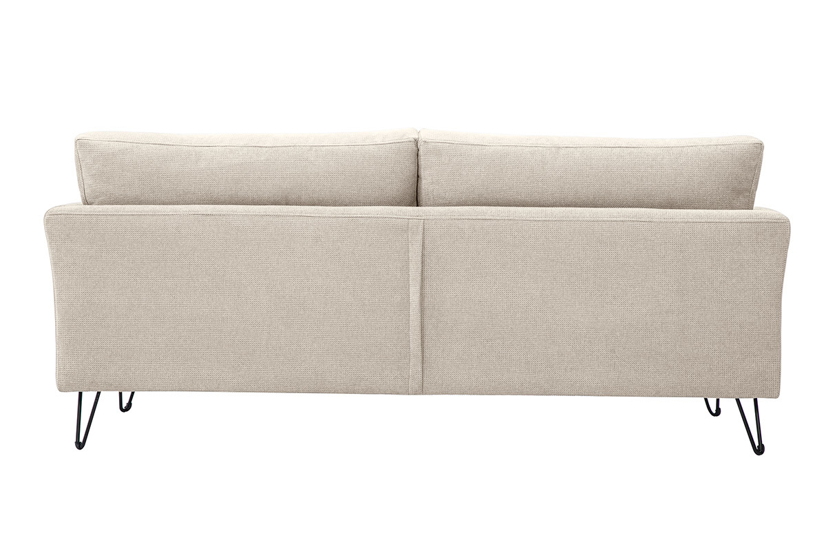 Divano a 3 posti OSLO in tessuto chenille beige, vista posteriore con braccioli dritti e piedini in metallo nero.