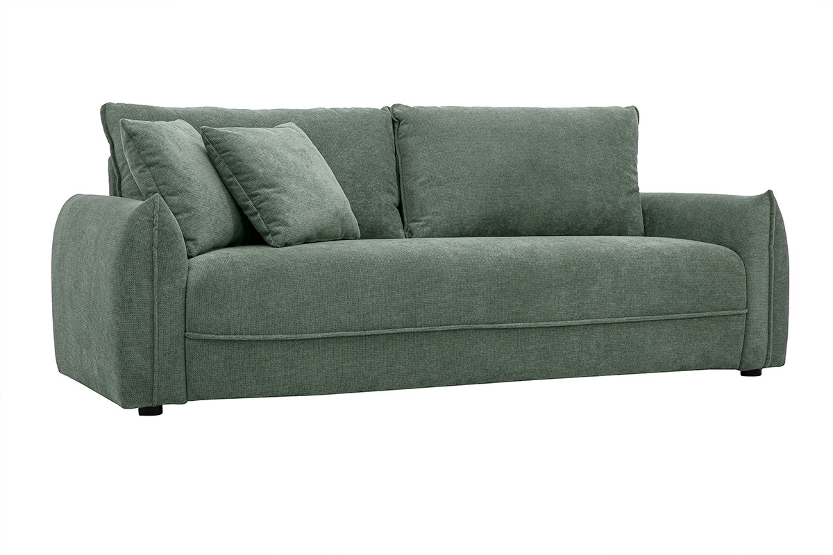 Divano a 3 posti in tessuto chenille verde kaki, vista a 3/4