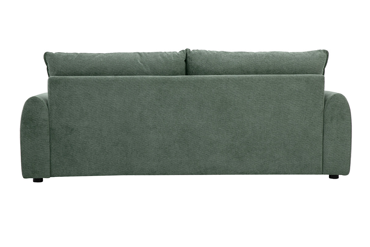 Canap� 3 places in tessuto chenille verde kaki, vista posteriore, con cuscini sulla parte superiore.
