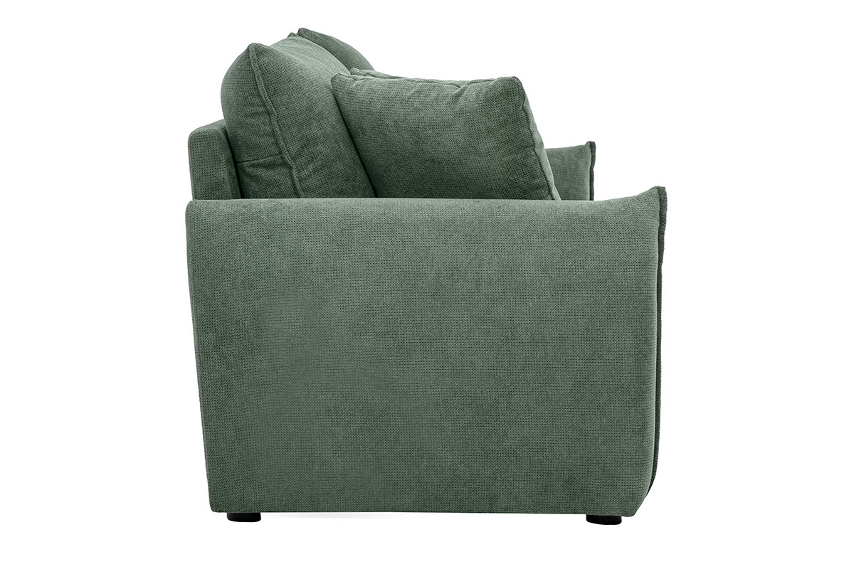 Divano a 3 posti in tessuto ciniglia verde kaki, vista di profilo, con cuscini. Design contemporaneo e accogliente.