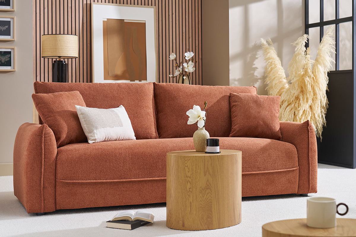 Divano 3 posti in tessuto effetto velluto testurizzato terra bruciata PIO