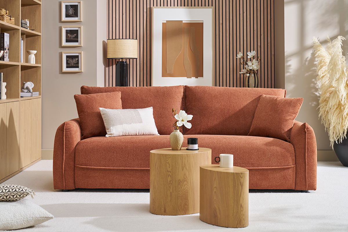 Divano 3 posti in tessuto effetto velluto testurizzato terra bruciata PIO