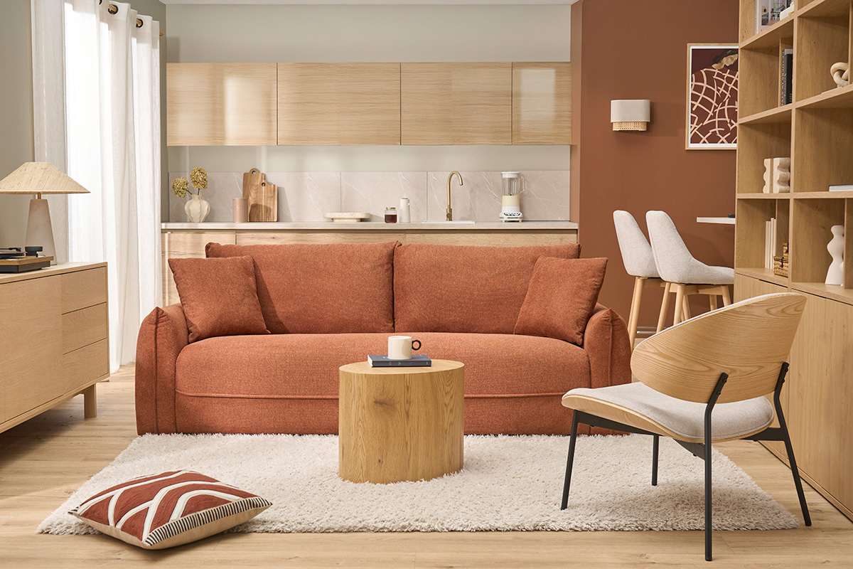 Divano 3 posti in tessuto effetto velluto testurizzato terra bruciata PIO