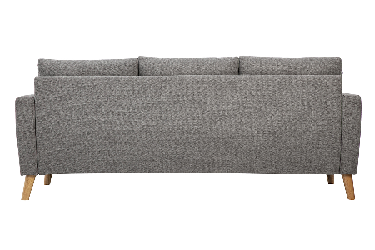 Vista posteriore di un divano a 3 posti in tessuto grigio con gambe in legno chiaro.