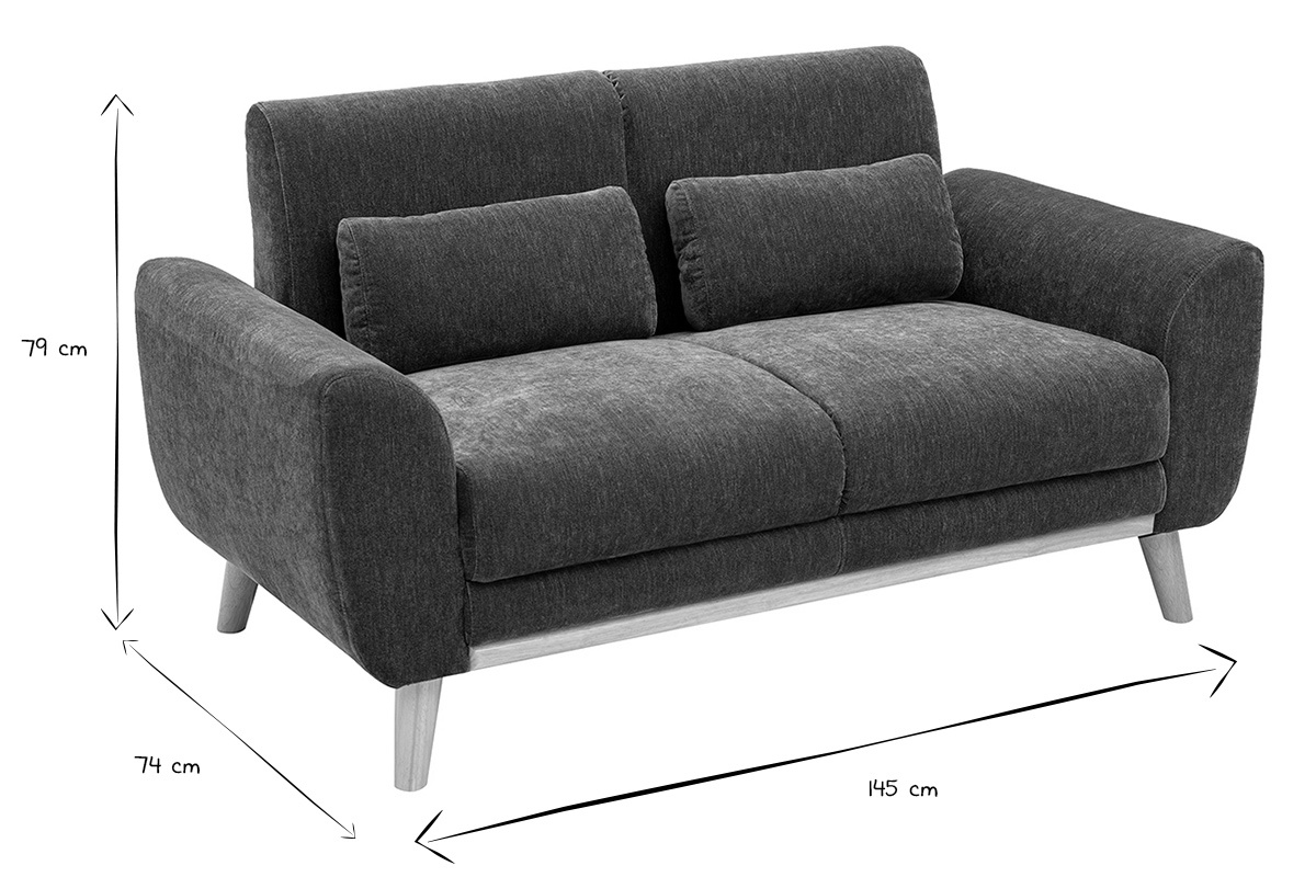 Dimensioni del divano a 2 posti: 145 cm di larghezza, 74 cm di profondit�, 79 cm di altezza, in bianco e nero.