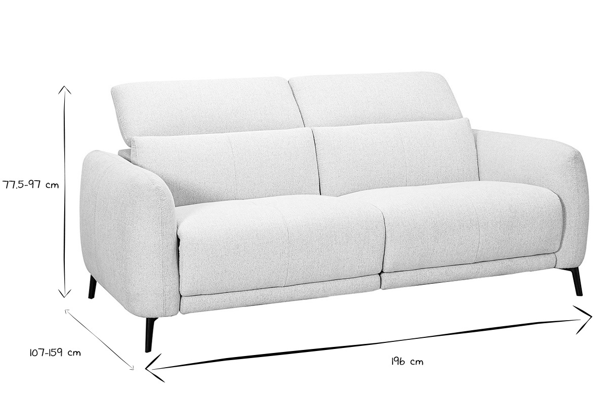 Dimensioni del divano a 3 posti TIGNES in nero e bianco, L196 x P107-159 x H77,5-97 cm.