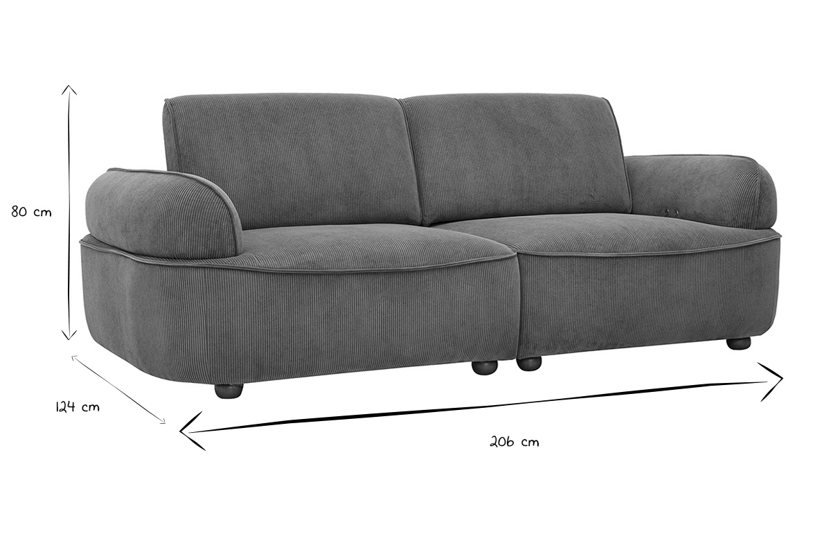 Dimensioni del divano a 3 posti OTIS in nero e bianco, 206 cm x 124 cm x 80 cm.