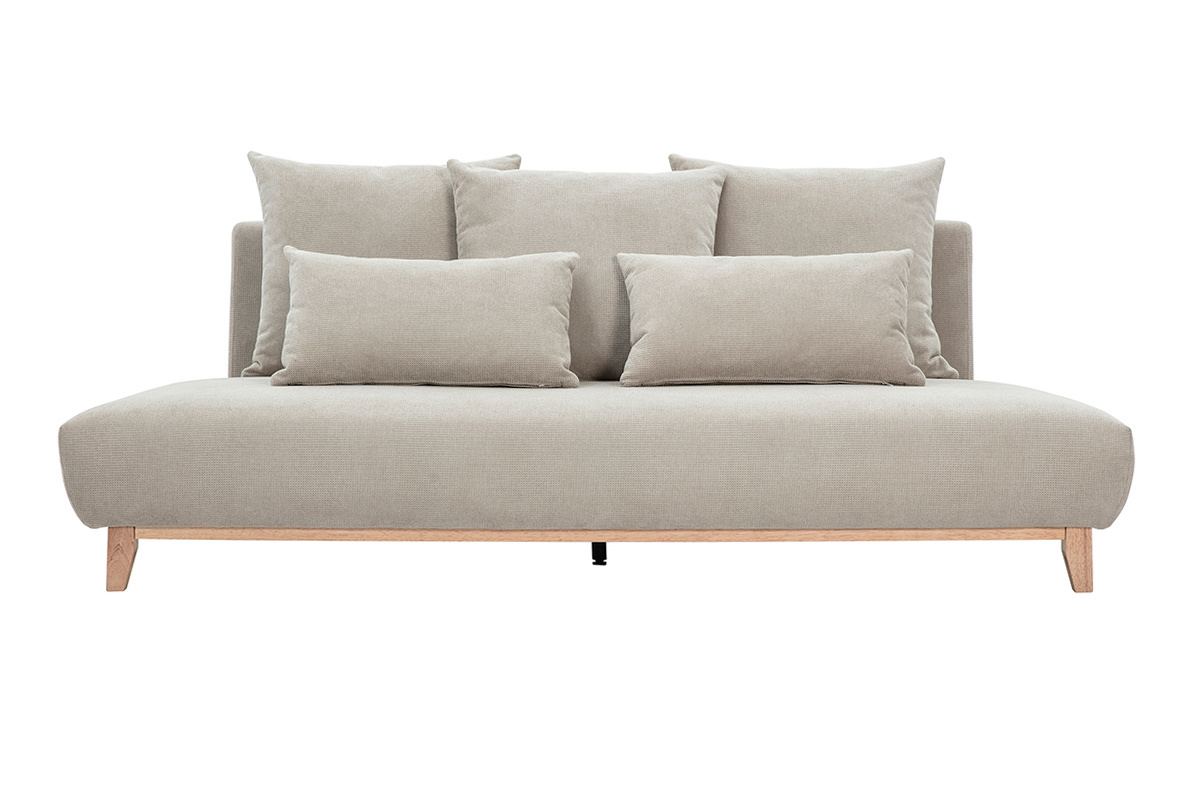 Divano a 3 posti in tessuto chenille beige con piedi in legno chiaro, vista frontale.