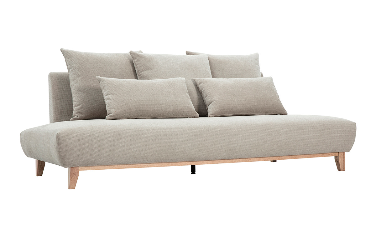 Divano a 3 posti beige in tessuto chenille con piedi in legno chiaro, vista da 3/4.