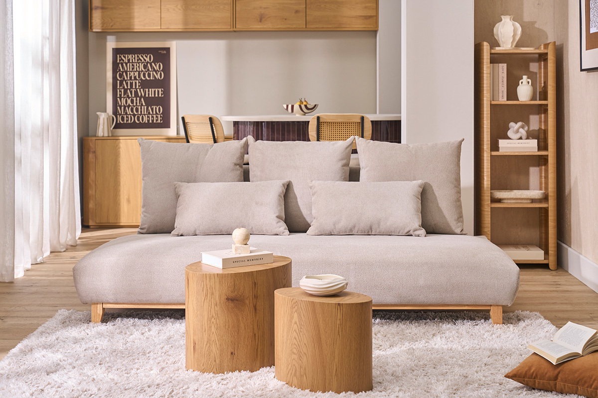 Divano a 3 posti in tessuto ciniglia beige e legno chiaro L201 cm BASTILLE