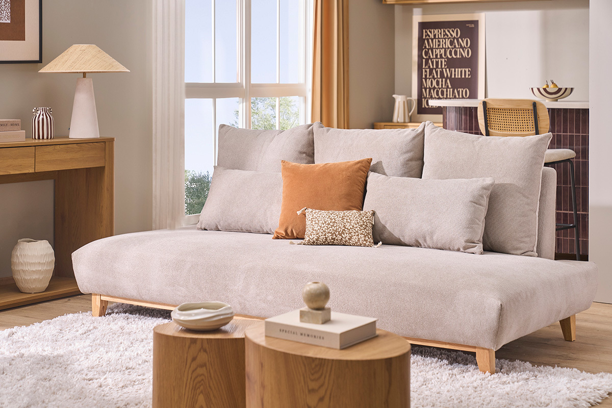 Divano a 3 posti in tessuto ciniglia beige e legno chiaro L201 cm BASTILLE